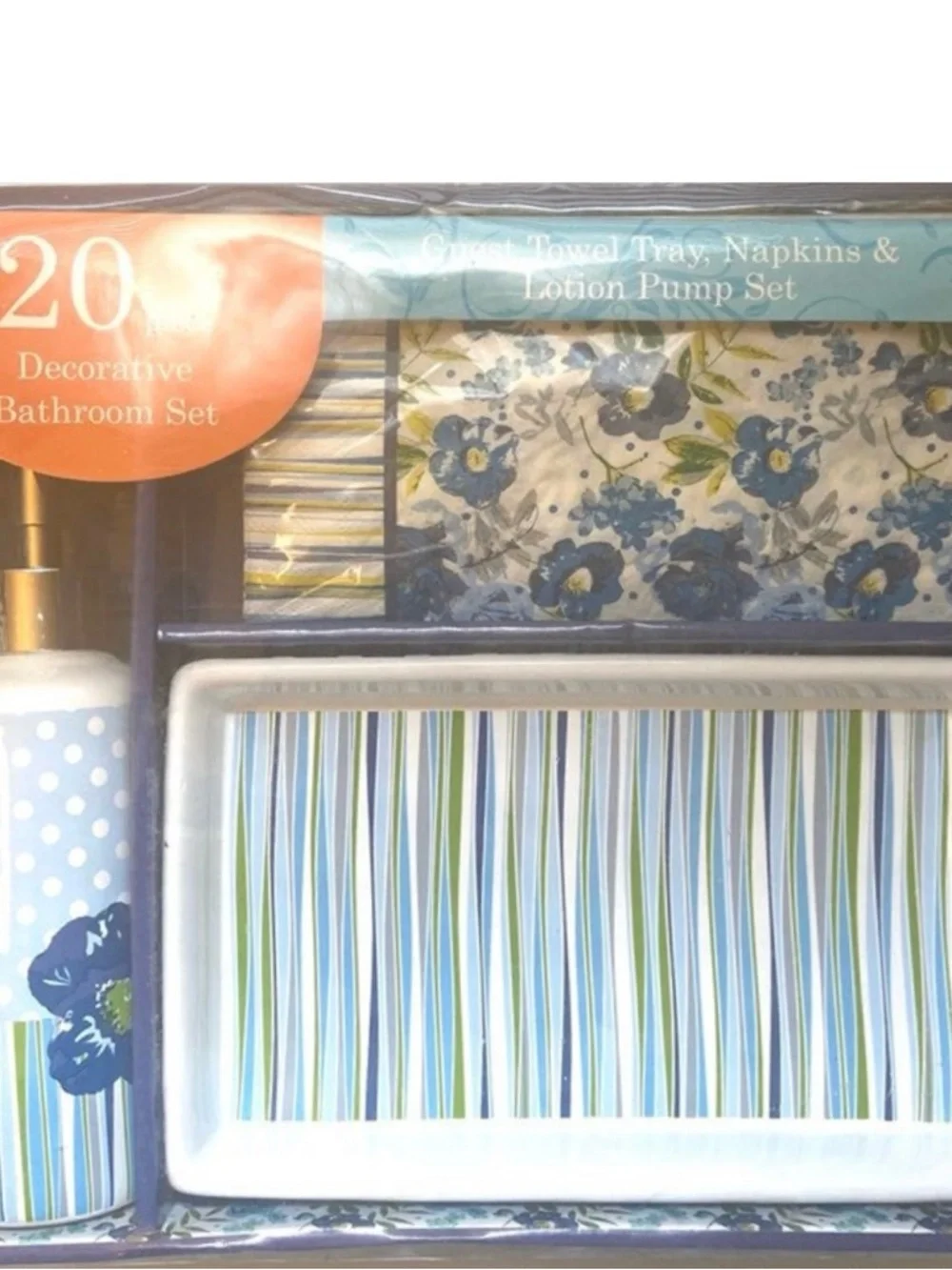 🌼 Guest Bathroom Set Tray Napkins Lotion Pump Floral Stripe